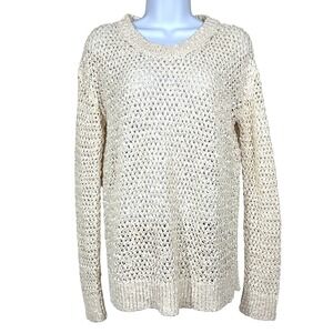 The Row Open Knit Sweater Womens L Ivory Cotton Blend Long Sleeve Crewneck FLAW